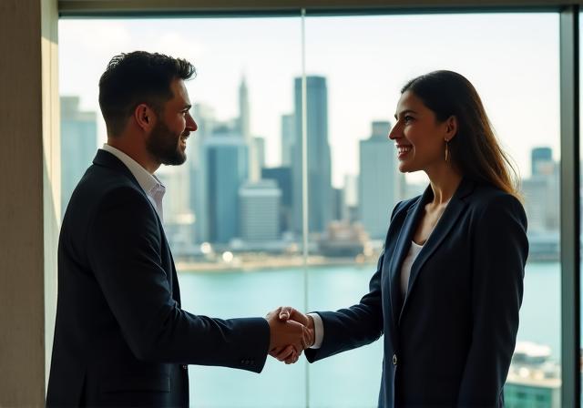 A candidate shaking hands with an interviewer in a Sydney office